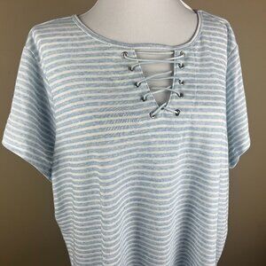 Retrology Linen Blend Short Sleeve Tee Top Plus Size 1X Blue White, Stripe